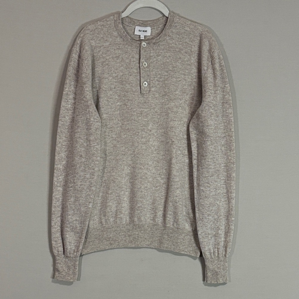 Elk Head L Merino Wool Cashmere Henley Sweater Oatmeal Heather Knit
